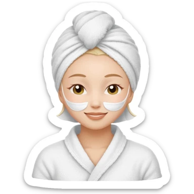 cute girl with her eyes closed and smiling, wearing a white spa towel as her clothes in she has a white spa towel on her head, white face skincare mask sticker