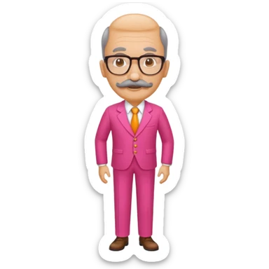 A tall figure with a thick mustache and oval glasses, with a large head, who always wears a bright pink dress with orange pants. sticker