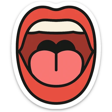 Schematic open mouth with visible tongue, symbolizing speech articulation and sound practice. Vector style, clean and sharp lines. Include realistic shadows and light reflections for depth. Minimalistic, educational design. Transparent background. High contrast between tongue, teeth, and lips for clarity. Flat illustration with soft shading, suitable for speech therapy materials sticker