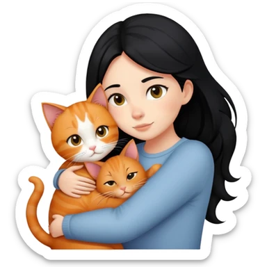 A black-haired girl hugs a ginger cat and A black cat sticker