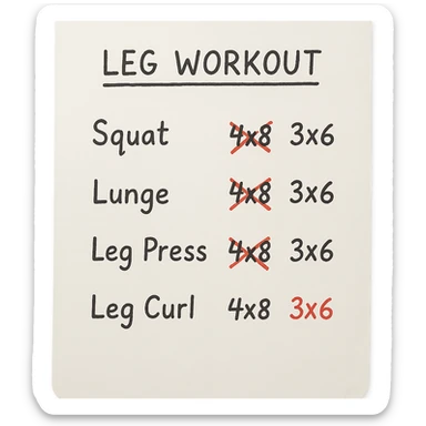 foglio di carta con scheda di allenamento gambe con volume di allenamento ridotto (fai alcuni esercizi con 4x8 scritti in precedenza sbarrati in rosso e la correzione accanto tipo 3x6), scrivila al meglio che puoi sticker
