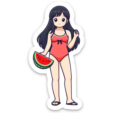 Anime girl with a watermelon in her hands on a beach  sticker
