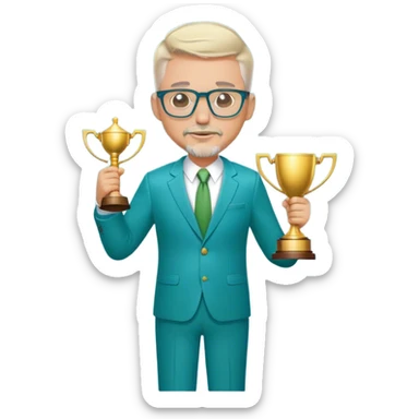 Full Body large white male  wearing glasses with a goatee with light blonde gray very short hair basketball head Coach in blue and green suit holding trophy sticker