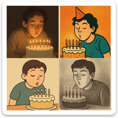 a person blowing out candles on a birthday cake, various styles sticker