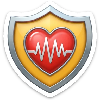 Health monitoring icon, heart inside shield, signal waves, emoji style, modern clinic branding sticker