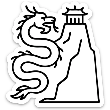 Chinese dragon with whiskers winding up a mountain cliff with a traditional temple perched on top sticker