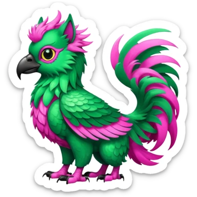Emerald-green gryphon with a long tufted tail, black beak, pink swirly pattern markings, black claws, black tail, majestic, realistic, furry (full body) sticker