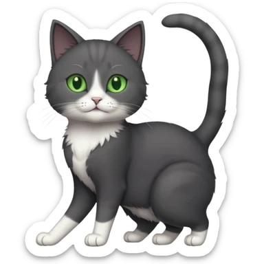 full body gorgeous solid dark grey cat with green eyes, white paws and white whiskers stretching like a cat sticker