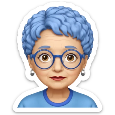 old laydy with short, curly blue hair, matching blue eyebrows, light brown skin, round black glasses, and a neutral facial expression. sticker