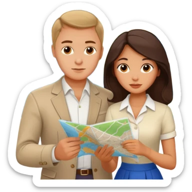 Russian man and elegant Latina girl in cute outfits with a map planning plants sticker