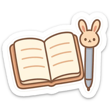 open notebook with a simple pen next to it, the pen has ears sticking out from its body, chibi stickers style, cartoonish sticker