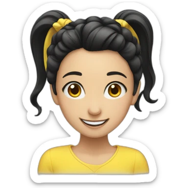 A smiling girl with a black ponytail and a yellow hairpin sticker