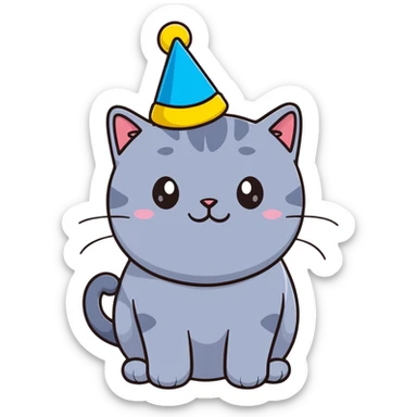 British shorthair blue cat with round face and chubby cheeks wearing a colorful birthday hat sticker