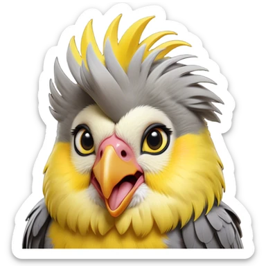 Cinematic Comical Cockatiel Portrait Emoji, Head tilted dramatically with an exaggeratedly amused expression, featuring a striking grey fur with bold yellow accents and a flamboyant crest, wide, expressive dark eyes filled with playful disbelief, Simplified yet hilariously expressive features, highly detailed, glowing with a slightly sassy glow, high shine, dramatic yet playful, stylized with an air of cheeky mischief, bright and endearing, soft glowing outline, capturing the essence of a spirited and over-the-top cockatiel, so meme-worthy it feels like it could side-eye its way into internet fame instantly! sticker