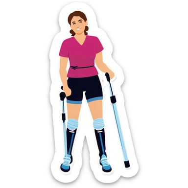 40 year old woman with brace on right knee and crutches sticker