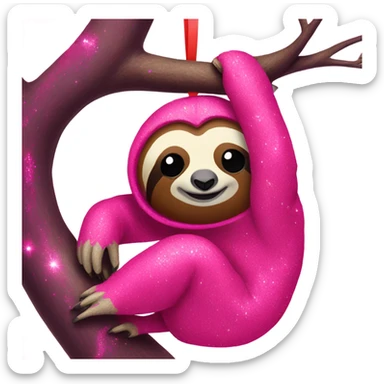 Hot pink sloth with glitter hanging on a tree  sticker