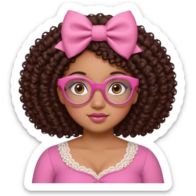 medium skinned afro-latina girl with medium length chocolate brown side part curly hair, brown eyes, pink sweetheart necklined top with lace, round wide-ish nose, chubby long shaped face, pink bow, brown glasses sticker