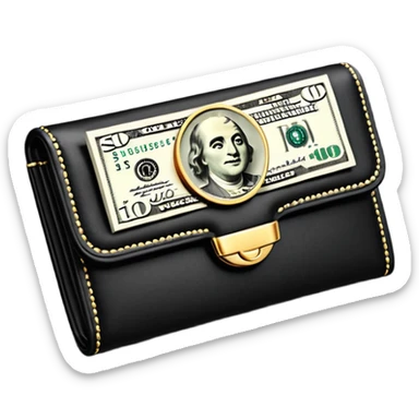 Rich emoji style black leather wallet with dollar bills, luxury money vibe, premium 3D emoji, ultra clean, high detail, no background sticker