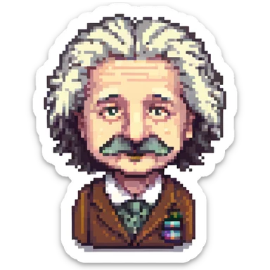 pixel art of Albert Einstein with recognizable wild hair, mustache, and thoughtful expression sticker