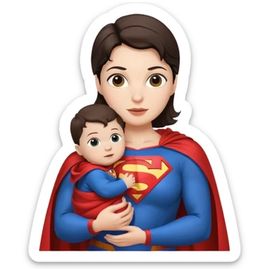 mother white skin brunette dressed as Superman with a cape holding a baby sticker