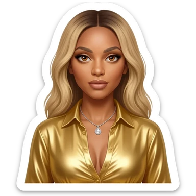 Beyonce with hazel eyes, long blonde hair, gold metallic sweetheart shirt, silver necklace sticker