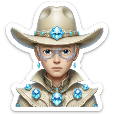 Portrait of a crystalline alien cowboy, face made of sharp translucent crystal structures, light refracting through edges, elegant cowboy hat carved from alien mineral, dramatic rim lighting, ultra detailed fantasy sci-fi portrait
 sticker