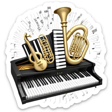 Create an elegant and festive emoji collage representing keyboard instruments, styled like a heraldic emblem. The design should feature a central focal point of black and white piano keys, arranged in a semi-circular or shield-like shape. Around the piano keys, add intertwining musical notes that form flowing ribbons, creating a dynamic and celebratory atmosphere. The design should be professional, with polished silver and gold accents on the keys and notes, highlighting the luxury and sophistication of the instruments. Add subtle shading and lighting effects to give the design a refined, 3D appearance. The background should remain transparent, and the overall feel should evoke grandeur, artistry, and a sense of celebration. sticker