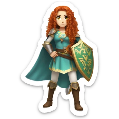 a white girl with long red curly hair and freckles, cosplaying Princess Zelda posing and ready for a fight sticker
