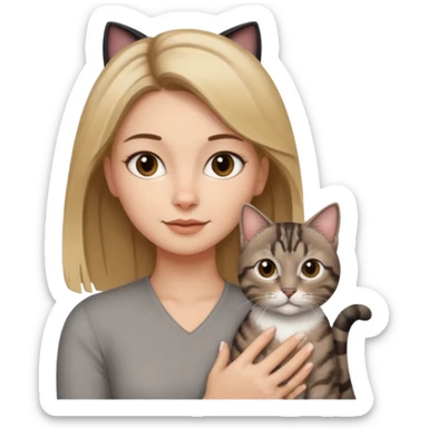 Une femme avec les cheveux dégradée, brun et blond, qui fait un câlin à son chat gris, tigré avec les extrémités que pattes et pointe d’oreilles noires et le dessous du menton blanc sticker