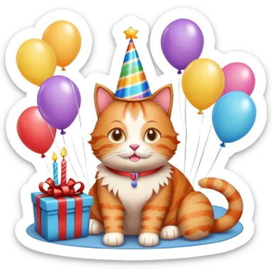 Ginger cat celebrates birthday, birthday hat, birthday cake, balloons, happy, gifts sticker