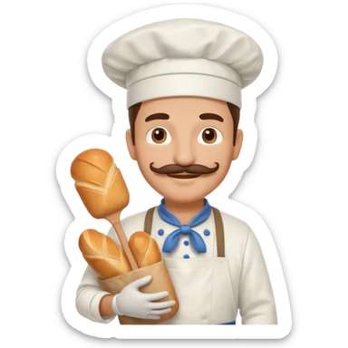 Middle aged male pastry chef - with a mustache, apron, white hat, holding a bag of bread sticker