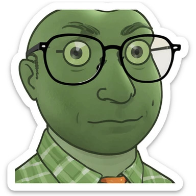 Man with long middle part dark brown hair with vintage eyeglasses in retro shirt  sticker