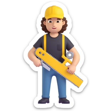 create a character with a saw, cute guy, curly, in a black t-shirt and a yellow cap, in 3d sticker