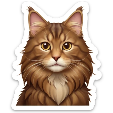 cinematic-cute brown-maine-coon-cat-portrait-emoji,-head-tilted-playfully-and-inquisitively,-sleek--brown-and-gold-tones-with-hints-of-deep-auburn-fur,-simplified-yet-adorable-features,-highly-detailed,-glowing-with-a-warm,-friendly-glow  sticker