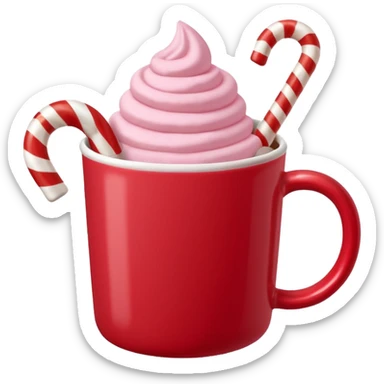 hot chocolete with pastel pink marshmallows in red christmas mug and candy cane, trendy aesthetic sticker
