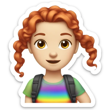 a white girl with long red curly hair in a pony tail with rainbow shirt being cute sticker