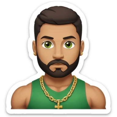 green eyes, dark short hair, muscular shoulders, wide cross, gold chain, big lips big nose big eyes, masculine good looking, dark beard, muscular strong looking sticker
