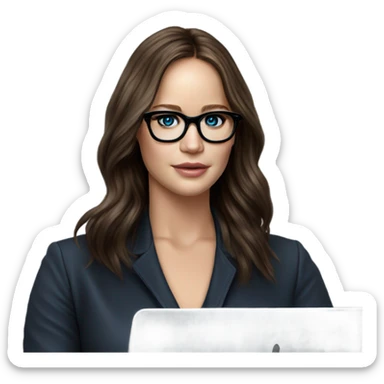 Hyper Realistic Photo of Brunette Jennifer Lawrence wearing black glasses and blue eyes  on a laptop  sticker