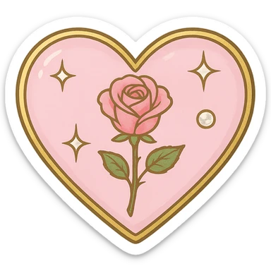single rose pink heart, pastel pink enamel, sparkling gems, with a gold outline sticker