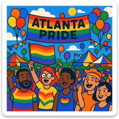 Cartoon-style Atlanta Pride festival with festive decorations, balloons, and happy crowds sticker