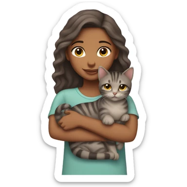 brownskin girl cuddling one gray tabby cat sticker