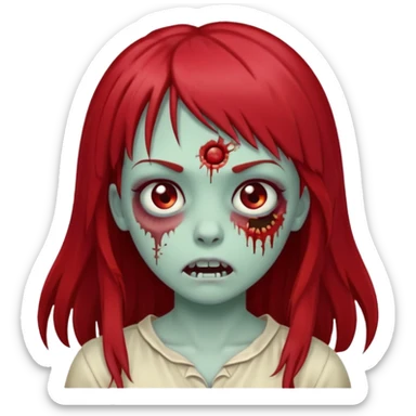 zombie girl, with dark, long red hair and bangs on forehead. Emoji in iOs style. sticker