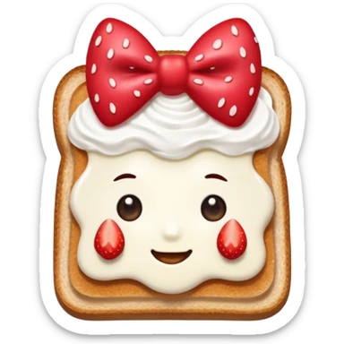 square toast topped with fluffy white cream, decorated with a strawberry bow made from two strawberry center, bright red and glossy sticker