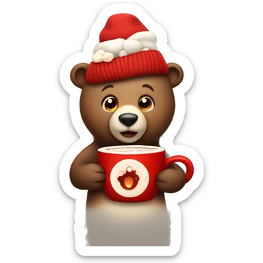 Bear in a red hat holding a cup of hot cocoa with marshmallows sticker