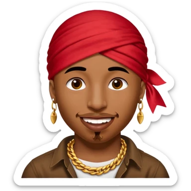 Man with red bandanna tied around his head like Tupac with a happy/innocent smile.. add gold teeth to the man smile sticker