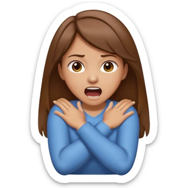 girl with brown hair and light tan skin Arms crossed over neck screaming sticker