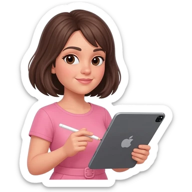 Brune aux cheveux court qui prend son temps tout doucement avec son grand iPad et un Apple Pencil. Vêtements rose sticker