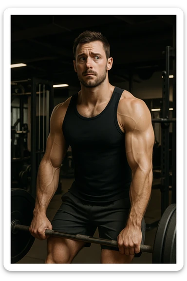 muscular man in gym inspired by reference photo, starting exercise but pausing to evaluate difficulty, attentive look, realistic atmosphere, vertical format sticker