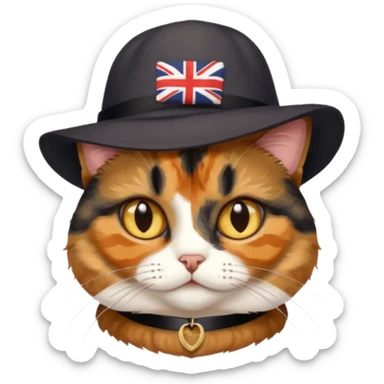 mostly black tortie cat, gold eyes, british hat sticker