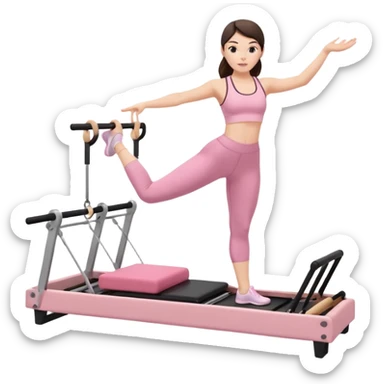 white brunette girl in light pink workout clothes doing pilates on a reformer sticker